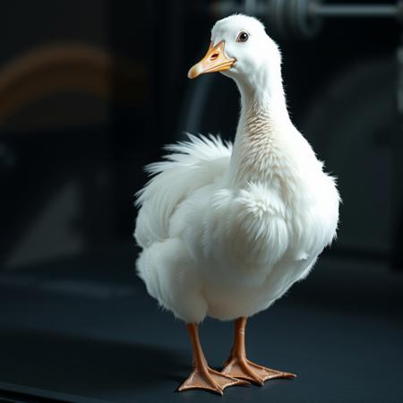 anatomically correct, (hyper realistic, ultra detailed), complex shadows, intricate details, white duck, animal focus, no humans, black eyes, fluffy, short, standing, wind tunnel, aerodynamics, aerodynamics of a duck, display screen, white duck is standing in a wind tunnel, white duck is unloving, air visibly moving around the white duck, side view, behind glass,