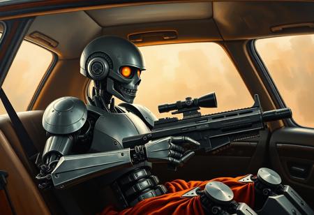 A classical Raphael Style oil painting of a gray Zombie Warrior robot seated majestically in the back seat of a car, facing right, holding a large gun. The car interior is depicted with rich texture and color, with blurred background suggestive of a journey or dream. Emphasize Vivid Emotions, Joyful Impact, Powerful Message through the robot's beautiful detailed eyes. Golden Ratio composition, Incredible Depth, Masterpiece quality, Impeccable Composition, Creative Angle, Captivating Lighting, Well-timed Moment.
