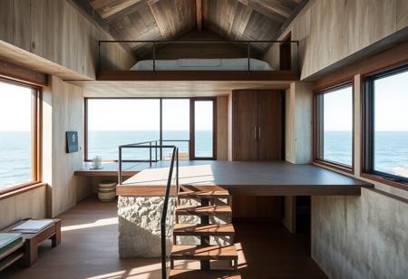 A wabi-sabi inspired single studio interior with the bed on a mezzanine and a public room and kitchen on the ground floor, set against serene seascapes the stairs connect 2 floors. Designed by Dane Taylor Design, the space embraces simplicity, imperfection, and the use of natural materials such as weathered wood, stone, and raw metal. The design celebrates the beauty of asymmetry and the organic aging process of materials, creating a calm, serene atmosphere.
The open-plan layout allows the seascape to influence the interior, with large windows framing the ocean views and natural light enhancing the beauty of the materials. The light casts gentle shadows across the textured surfaces, emphasizing the imperfections that define the wabi-sabi aesthetic. Asymmetry in the architectural elements adds subtle interest without disrupting the minimalist layout, ensuring the space remains uncluttered and peaceful.
Architectural photography captures the harmonious relationship between the interior and the surrounding seascape, focusing on the interplay between the raw, natural materials and the tranquility of the ocean. The seamless transition between the mezzanine bedroom and the ground floor public spaces provides a clear division of function while maintaining a fluid, minimalist design. reflects the wabi-sabi philosophy of simplicity, imperfection, and natural beauty, creating a peaceful retreat connected to the sea.