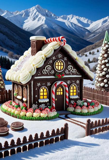 Sweet Delight, ((Cottage)) made of creamy cookies, nestled in the valley of rolling foothills, powder sugar snow, mascarpone crafted flowers, candy cane fence, desert landscape, striking, lively colors, intense colors, picturesque, masterwork, exemplar quality, global illumination, SFW, PG, exquisite detail, digital art, dw01-3400