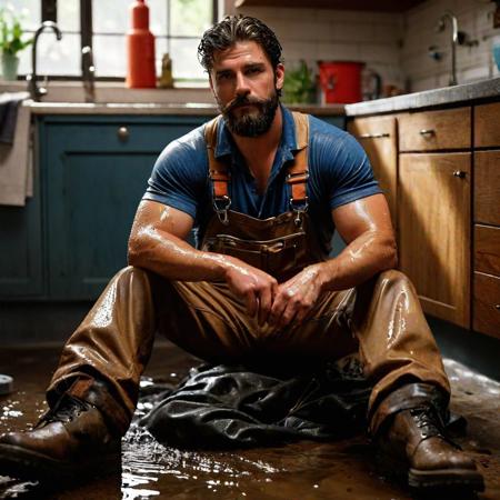 A burly weighty rugged plumber is taking a rest from work sitting next to a leaking kitchen sink. tired, wet, bare feet, allusive pose, unbuttoned dungaree with rolled up pants and an dog tag. bushy beard. tools are scattered around him. 20 year old, 35mm film, cinemascope. masterpiece, best quality, highres, medium full shot, (sexually suggestive:1.2), chiaroscuro, RAW candid cinema, studio, 16mm, ((color graded portra 400 film)) ((remarkable color)), (ultra realistic), textured skin, remarkable detailed pupils, ((realistic dull skin noise)), ((visible skin detail)), ((skin fuzz)), (wet skin) shot with cinematic camera, ((hyper realism)), sharp focus, cinematic lighting, photo realistic, hyper realistic. 4k, natural, global illumination,Unreal Engine, highly detailed, vivid, rich details, clear shadows and highlights, realistic, intense, enhanced contrast, highly detailed