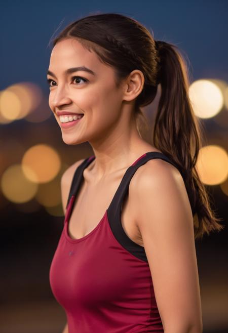 photo of smiling alexandria_ocasio_cortez with her hair in a ponytail, wearing spandex exercise clothing, age 25, cinematic lighting, (full body:1.5), bokeh, <lora:alexandria_ocasio_cortez_aoc_sdxl_60:0.8>