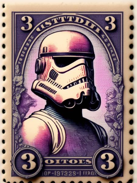 <lora:VintagePostageStamps:1>vintage United States Postage Stamp, 3 cent stamp, Stormtrooper full body, purple ink, line engraving, intaglio