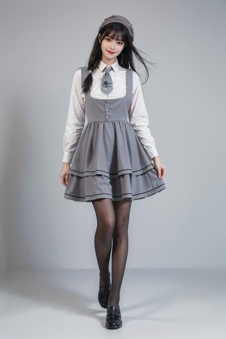 best quality, quality, masterpiece, photorealistic, 1girl, solo, standing, long black hair, straight hair, blunt bangs, looking at viewer, smile, full body, cyb dress, cyb shirt, cyb skirt, necktie, suspender skirt, suspenders, hat, black pantyhose, shoes, simple background, <lora:dating_attire_style4_v1:0.65>