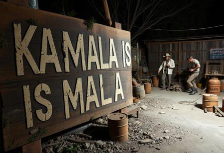 Create an image of a large, decaying wooden sign that reads “KAMALA IS MALA” in faded, roughly painted letters. The sign appears weathered, with mold, moss, and splintered wood giving it a neglected, ominous feel. In the background, set up a chaotic, makeshift backyard resembling a rundown meth lab. A few rugged redneck characters, dressed in worn-out, dirty clothes, are busy with rusty equipment and improvised setups. The area is cluttered with scattered debris, oil barrels, and old machinery. The lighting is dim and gritty, casting heavy shadows to emphasize the grungy, disorganized environment.