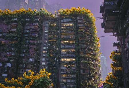 realistic, RAW photo, high quality, Stable_Yogis_PDXL_Positives, outlook photo of a huge <lora:Unfazed retro style - XL SDXL V2.0:0.5>, made of <lora:JJsApartmentComplex_XL:0.2> Apartment Complex, in <lora:Underlighting Underlight light from below style:0.4> Underlighting Underlight light from below style, perfect light from below style, <lora:CW_03beta_xlc:0.7> kato, b05, b06, street, high,<lora:sdxl_cyberpunk:0.2> cyberpunk style vast city with sunflowers,glass dome,purple haze, in <lora:fractal-art.v1:0.9>, featuring