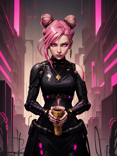 1girl, solo, long hair, looking at viewer, jewelry, pink hair, pink eyes, hair bun, cup, double bun, ring, drinking, upper body,  cyberpunk background, sci fi vibes, Best_QualityPos