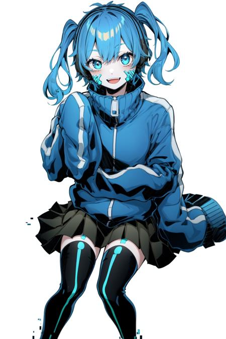 masterpiece, best quality, Ene, 1girl, solo, long hair, looking at viewer, smile, open mouth, blue eyes, skirt, simple background, thighhighs, white background, twintails, blue hair, jacket, pleated skirt, black thighhighs, black skirt, sleeves past wrists, sleeves past fingers,  sitting,  <lora:Ene-v1:1>