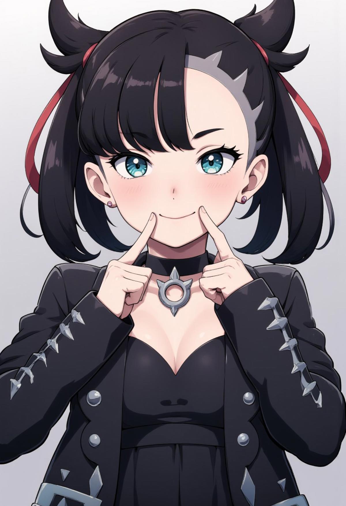 a picture of zzMarnie, who has aqua eyes, black hair with twintails, wears a black choker, red ribbon, black jacket and dress, who is looking at the viewer, using her own index fingers push her own lips into a smile