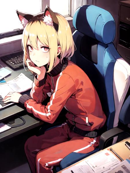 best quality, megami magazine, diagonal view, solo, keyboard \(computer\), mouse \(computer\), 
cat girl, slit pupils, blonde hair, cat ears, cat tail,  crossed legs,  track suit, gaming chair, sitting, indoors, sanpaku, leaning forward, looking away, messy room, narrow room, perfect hands, cats, no eyebrows, 
<lora:envybetterhandsLocon_beta2:1> <lora:mayunashi_22222_8:2>  <lora:BlackRoots:1> <lora:menositanikuma1:0.6>