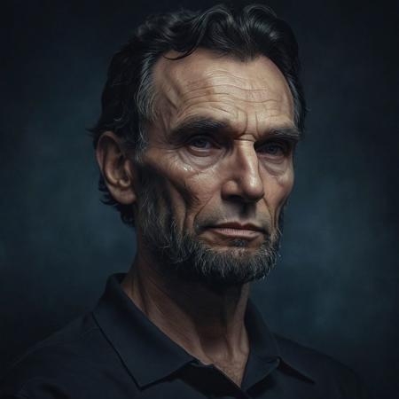 closeup portrait of Abraham Lincoln with him wearing a black polo shirt, serious look, moody, highly detailed, BREAK
Deep dark intense midnight blue misty background, Dark theme, dynamic lighting, (soft shadows), (soft focus), (photo realistic), uhd, 8k