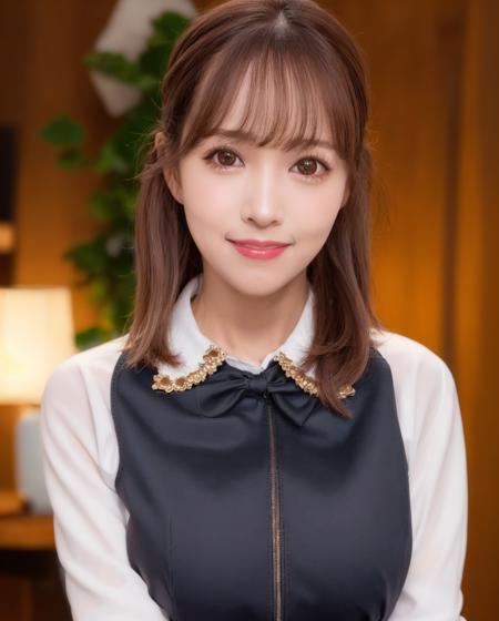 best quality, photorealistic, 8k, high res, 1girl, woman, (skindentation), (professional lighting), (portrait:0.6), (buttoned office shirt:1.64), (white choker:1), gorgeous, ((brown hair)), (short ponytail hair:1.6), (flowing hair:1.6), (1girl eyes looking at viewer:1), ((looking at viewer:1.6)), (1girl looking at the camera), photorealistic, (bokeh), (portait:0.6), (dynamic pose:1.2), masterpiece, intricate, realistic, sharp focus, award-winning photograph, sfw, (smile:1.4),- <lora:yua V2:0.71>