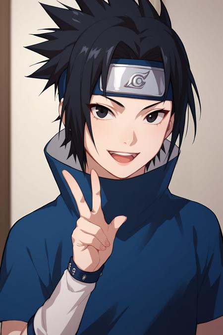 SasukeGEXL, black eyes, black hair, short hair, spiked hair, parted bangs, forehead protector, high collar, blue shirt, short sleeves, detached sleeves, white shorts, blue footwear, legs bandages, toeless footwear