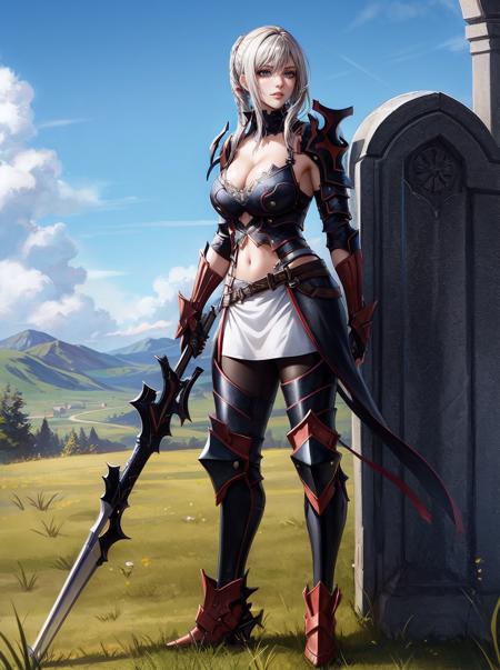 (high quality:1.3), highly detailed, (drawing, professional artwork:1.2, artstation),
AraneaHighwind, standing, holding huge weapon lance, (beautiful sky background:1.1), (grass, hills and sky:1.15), (full body shot:1.15),
grey hair, lipstick, makeup, black eyeshadow, eyelashes, (ultra detail hair:1.1), ultra realistic hair, ultra detail face, green eyes, (perfect eyes, perfect face:1.1),
black Armor, breastplate, (greaves:1.2), pants, gauntlets, shoulder armor, pauldrons, white dress, armored dress,
(Large Breasts:1.2), cleavage, <lora:AraneaHighwind-000009:0.8>, <lora:add_detail:0.8>