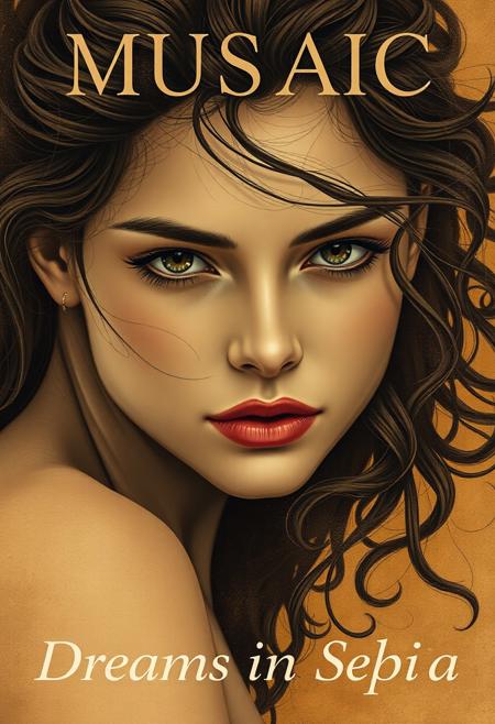 high quality design aesthetics, dynamic, detailed, pop album cover,  beautiful young white woman, artist name "Musaic", album title "Dreams in Sepia"