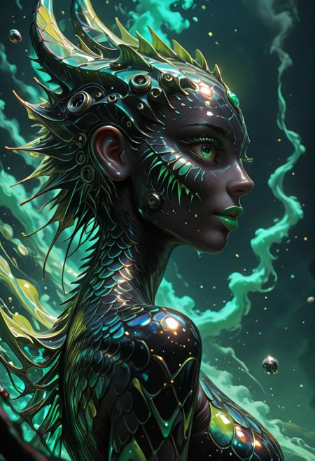 angled shot, side view, asymmetric, REMEMX, scaleboundsdxl, masterpiece, best quality, absurdres, very aesthetic,, abstract image of an erotic dream, obsidian jade, female, jade scales, smoke swirls, organic, sexual tension, bizarre, ecstatic:, paranormal, octane render, vivid color pallet, volumetric light, green scale, green bias
