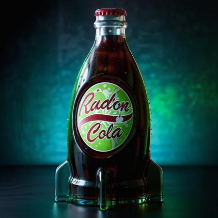 For a realistic depiction of 'Radiation Energy Flavor Cola', imagine a sleek, cutting-edge soda bottle emanating a subtle, neon green glow, suggestive of its unique content. The label is striking, adorned with a dynamic, nuclear energy-inspired logo, featuring the words 'Radiation Energy Flavor Cola' in bold, vibrant typography. The bottle's appearance is refreshingly cool, with droplets of condensation shimmering in a luminous, modern setting. This is set against a backdrop that hints at futuristic refrigeration technology. The overall scene should evoke the concept of an avant-garde, high-energy drink, merging the conventional with a distinctly sci-fi twist, <lora:nukacolas:0.75>