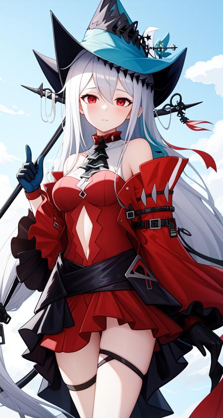 <lora:æµå¿-000029:1>,red dress,skadi,1girl,skadi \(arknights\),skadi the corrupting heart \(arknights\),solo,official alternate costume,cowboy shot,staff,looking at viewer,ascot,hat,outdoors,sky,blue sky,closed mouth,, 1girl,
,  (masterpiece,best quality:1.2),absurdres