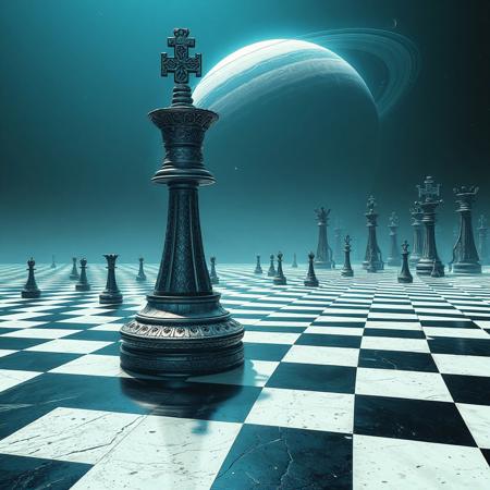 This steampunk digital artwork features a surreal and futuristic chess scene. The central focus is a colossal king chess piece, intricately designed with a metallic and mechanical texture, standing prominently on a vast black and white chequered plain. Other chess pieces are scattered across the landscape, appearing smaller in comparison to the central king. In the background, tall fantastic mechanical structures, dot the horizon. A giant ringed planet casts its light giving a colour scheme dominated by shades of blue and black, creating a cosmic and otherworldly atmosphere. The image combines steampunk with elements of science fiction and fantasy