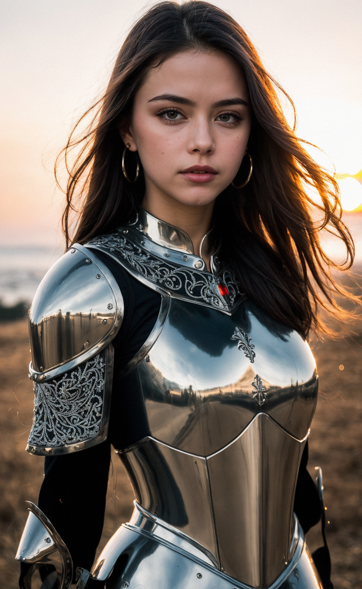 A woman wearing a shiny silver armor posing in front of the sun.