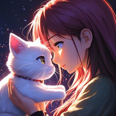 SamDoesArts, a girl playing with her beloved cat, by Angel Beats , anime, Character, Cute, fantasy, by Seiji Kishi, best quality, best render, masterpiece, light effects, glitter, stars, 3d render