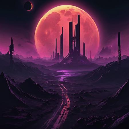 A digital painting depicting a dark and sinister landscape and eclipse inspired by lovecraft and cyberpunk aesthetic. launchpad, space complex, space center