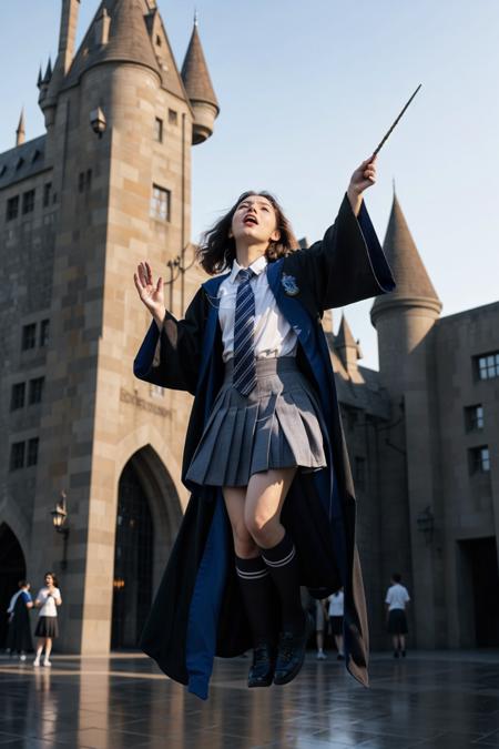 masterpiece, best quality, ultra-detailed, best shadow, evening, hogwarts background, 1girl, solo, a picture of a scared girl, blonde hair, curly hair, (girl floating in the air, girl above ground, girl in air:1.2), girl crying out in fear, (girl screaming:1.4), arms out to the sides, 15 years old, ravenclaw uniform, hogwarts school uniform, <lora:ravenclaw uniform_20240227005600:1>