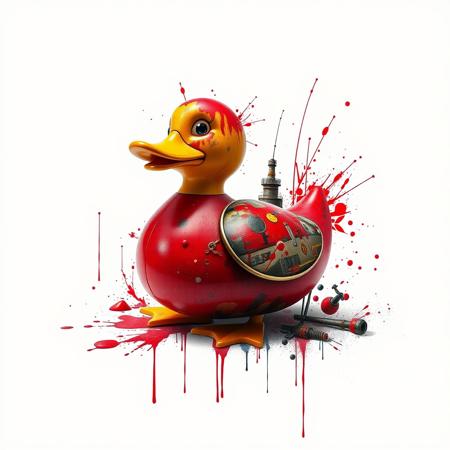 This image is a digital artwork that combines elements of abstract expressionism and industrial themes. The central figure is a windup duck toy . The toy duck attire is a combinaton of bright red pain and pictures of industry, with the The background is stark white, creating a high contrast that emphasizes the bright smooth textures of the ducks form. The image has a chaotic, dynamic feel, with splatters and drips of paint-like elements adding to the sense of movement and energy.  The artwork uses a combination of digital and traditional painting techniques to create a unique, impactful image.