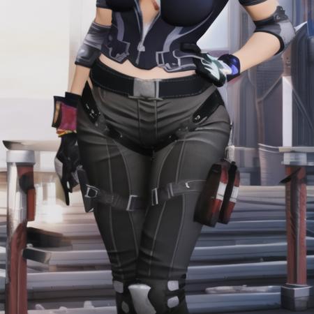 (masterpiece, best quality:1.2),illustration,8k,hd,1girl,solo,upper body,portrait,standing,realistic,delicate face,beautiful detailed eyes,breasts,short hair,cleavage,gloves,hat,knee pads,large breasts,boots,blue hair,midriff,pants,shirt,short sleeves,grey hair,elbow pads,black pants,belt,<lora:Sophia-V1:0.9>,