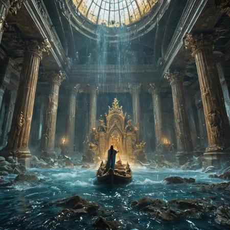 "Interior of the royal palace of Atlantis at the moment of collapse. The grand chamber is filled with opulence—ornate marble columns, golden statues of sea gods, glowing blue crystal chandeliers, and mosaic floors depicting oceanic legends. Water crashes through shattered stained-glass windows and cracks in the ceiling, flooding the chamber with a roaring current. The Atlantean queen, in flowing iridescent robes and a coral crown, clutches a young prince as they flee. Servants stumble and float as the rising water distorts the grandeur into chaos. Debris—thrones, scrolls, jewels—swirls in slow motion. Bioluminescent fish dart through the chaos. A massive temple dome crumbles in the background, silhouetted in shimmering blue light."
⚙️ Style & Technical Settings
Camera: 24mm wide-angle, dramatic depth of field, underwater perspective
Lighting: glowing blues, scattered sunlight shafts from above, bioluminescent accents
Style Tags: underwater surrealism, cinematic realism, tragic elegance, ancient fantasy
Environment Tags: Atlantis, crumbling palace, flood, aquatic royalty, ancient oceanic architecture
Color Palette: deep blues, glowing teal, gold, white marble, coral pink accents
Mood: dramatic, beautiful destruction, emotional urgency