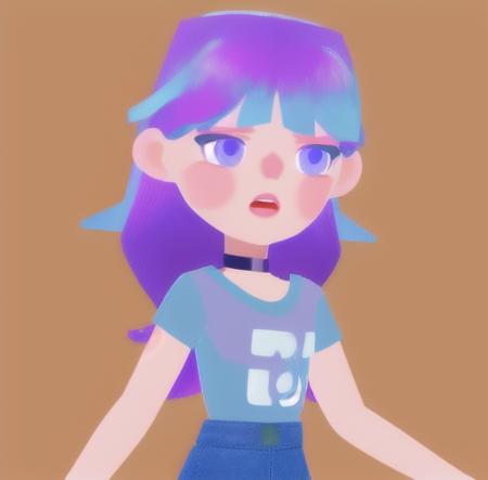 <lora:getaisoft3d:0.7>,solo,soft art style, 1girl, solo, long hair, blush, open mouth, blue eyes, shirt, blue hair, purple eyes, upper body, purple hair, short sleeves, choker, pink shirt,