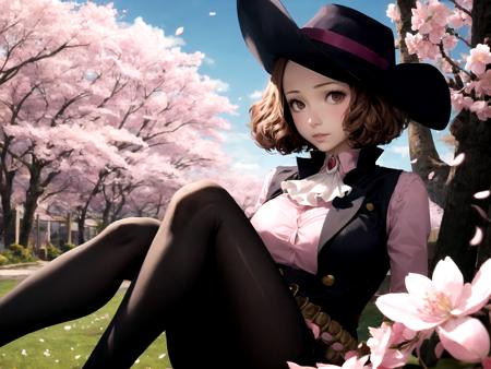 masterpiece, best quality, 1girl, solo, dsnoir, brown hair, short hair, brown eyes, pink shirt, ascot, vest, hat, pantyhose, bandolier, purple gloves, knees to chest, sakura trees, white flowers, blossoming, serene, cherry blossom season, calm, Asian influence, garden
 <lora:dsharu-v2:1>