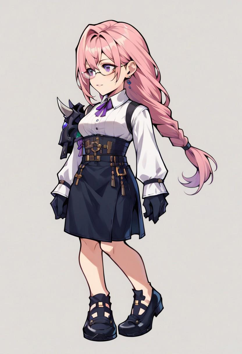 score_9,score_8_up,score_7_up,score_6_up, Yanagi, earrings, pink hair, long hair, purple eyes, braided ponytail, glasses, under-rim eyewear, white shirt, collared shirt, long sleeves, white sleeves, shoulder armor, black gloves, black skirt, high-waist skirt.operaomniastyle, full body, white background   Expressiveh, zPDXL3,