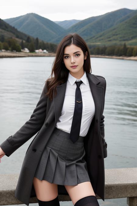 1 woman, beautiful, detailed, full body shot, scenic view
<lora:Pleated Skirt & Top By Stable Yogi:0.8> charcoal pleated skirt, shirt, coat, necktie, thighhighs