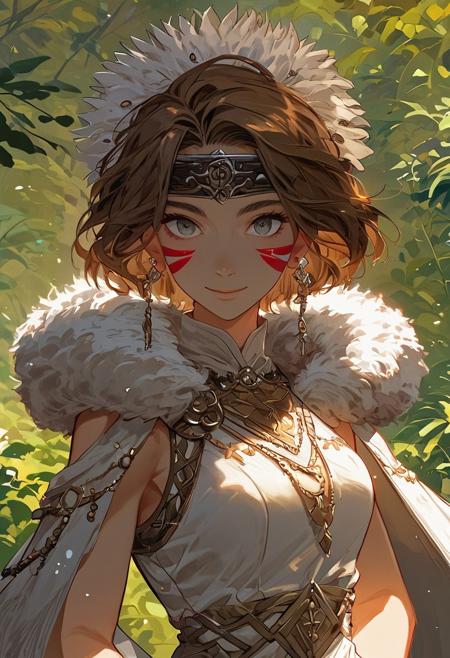 score_9, score_8_up, score_7_up,  san, 1girl, upper body, standing, hands in hips, solo, short hair, brown hair, gray eyes, headband, face paint, earrings, white sleeveless top, navy under dress, arm cuffs, fur headdress, fur cape, light-skinned female, female focus, looking at viewer, smiling, forest, (blush:1.1),easynegative, fantasy, Expressiveh