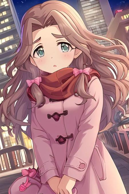 Kusakabe Wakaba,
1girl, green eyes, bag, blush, bow, brown hair, building, coat, long hair, looking at viewer, night, outdoors, pink bow, pink coat, red scarf, scarf, skyscraper, standing, upper body
<lora:deresute-unvoiced-v1.2:1>