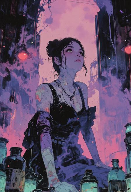 A solitary figure, adorned with an ethereal presence, emerges in a tranquil yet arcane atmosphere. The subject, a woman with cool ivory skin and vivid emerald eyes that shimmer with layered emotion, sits gracefully within a wash of muted violet light. The ambient glow radiates from an arrangement of pale teal lanterns encircling the frame’s edge, casting soft, shifting hues across her features. Tones of lavender, indigo, and pale rose ripple across her skin, forming a living mosaic of subtle energy and spectral movement. Her expression is quiet yet charged—reflective, elusive, and deeply knowing—suggesting infinite stories untold. A haze of dusky pink and slate blue fills the background, rendered in delicate blur, isolating her form and enhancing emotional gravity. Inspired by the moody visual cadence of Gregory Thielker’s painterly realism, the composition relies on layered natural textures and subdued color interplay. The entire scene evokes a profound sense of stillness and revelation, as though the viewer has stumbled into a sacred, unspoken moment.