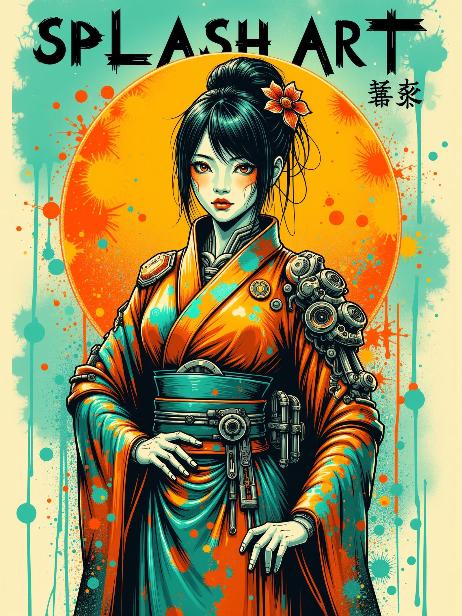 (vertical banner reading "SPLASH ART":1.3) , mad-cbrpnksplshrt cyberpunk woman wearing a futuristic kimono in front of stylized sun, cybernetic implants, paint splashes, outrun, teal and yellow background,<lora:Neon_Cyberpunk_Splash_Art_FLUX:0.6>