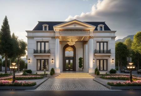 <lora:JJsClassicStyleHouse_XL:1>, ((Neo Classic)), building,masterpiece , best quality, RAW photo, subject, high quality,dramatic lighting, outdoors, sky, sunset, cloud, tree,  flower ground vehicle, building, scenery, road, lamppost, real world location, door,entrance, beam,column, window, traffic light, lots of trees, sunlight, public blocks,daytime, mountains, public squares, lively city streets, enough detail, high resolution, 8k, HD, super realistic, Photorealistic, highly detailed,