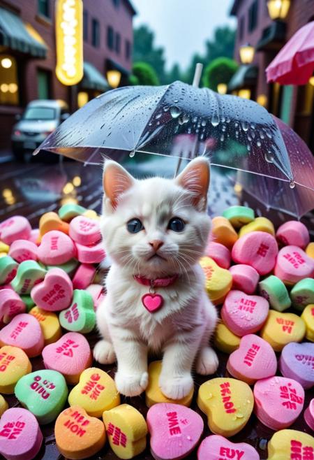 score_9, score_8_up, score_7_up, masterpiece-level, highly detailed, fantasy-themed, antho cat, chibi cat, chibi antho cat, cute animal focus, really cute animal, cute focus, intricate details, vibrant and hilariously relaxed aesthetics, (rain made from candyhearts,:1.5) , tiny candy hearts poaring, (raindrops made from candyhearts,:1.5) holding, umbrella:2, raining, kitten:2, standing, photorealistic render with Warframe aesthetic, dramatic lighting, best quality, plastic umbrella, (raindrops made from candyhearts:1.5)visible to shelter protecting a tiny, shivering calico kitten kitten nestled in a dark, atmospheric alleyway between high-tech buildings, (rain made from candyhearts:1.5) pouring down dramatic nighttime lighting, illuminated primarily by streetlights and the focusing on the kitten huddled safely, cute kitten, protection, rainy night, umbrella, juxtaposition, touching moment, sci-fi elegance, masterpiece, best quality, best quality, absurdres, 8k, HDR, <lora:albrecht_labs:1>