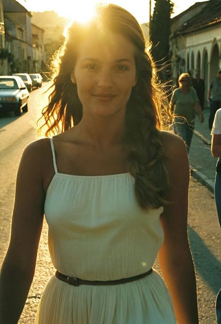 analog film,amateur photography,candid amateur photo,  grainy photo,faded:0.1, vintage photo, ((medium close shot)), walking in street,front view, 
((photo taken to date, woman's silouhette, details are not seen, sun in the background)))
candid amateur photo of a beautiful girl, (((against light picture, silouette)), 25 years old, 1980's, long braid hair,in streets, small coutry village, soft pretty smile,