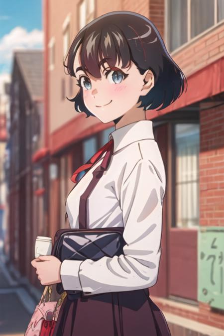 best quality, masterpiece, highres, solo, {koganeikoito_edomaeelf:1.15}, short_hair, black_hair, blush, blue_eyes, ribbon, neck_ribbon, blue_hair, 1girl, blurry, outdoors, sky, smile, blurry_background, day, blue_sky, cloud, shirt, sunglasses, upper_body