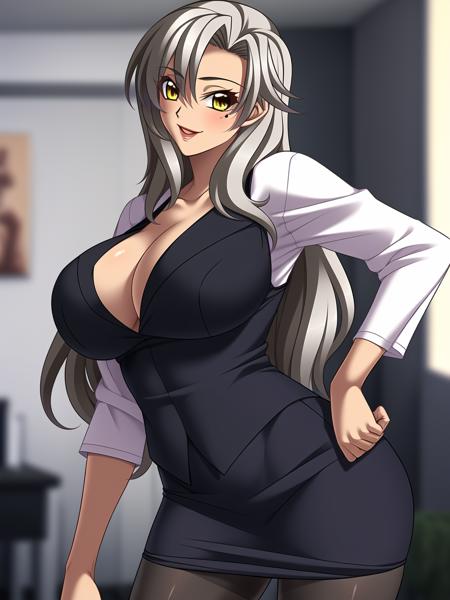 <lora:Mizusawa_Chisato_lora:0.7>, (mole_under_eye:0.8), long hair, yellow eyes, grey hair, 
best quality, ultra high res, (masterpiece:1.2), best quality, game cg, highly_detailed,extremely_detailed_CG_unity_8k_wallpaper,illustration,highres,absurdres,
1girl, (portrait:1.3), (mature female), (milf), classroom,
Beautiful long legs,Beautiful body,Beautiful Nose,Beautiful character design, perfect eyes, perfect face,
(black pantyhose:1.2), (lipstick:0.8), suit, formal, large_breasts, pencil skirt,
looking at viewer, standing, smile,