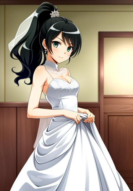 1girl, solo, looking at viewer, cowboy shot, indoors, courtroom, hdr, soft smile, <lora:kay_faraday_12:1>, kay faraday, black hair, green eyes, high ponytail, hair ornament, key, (wedding dress), white dress, lace, veil,