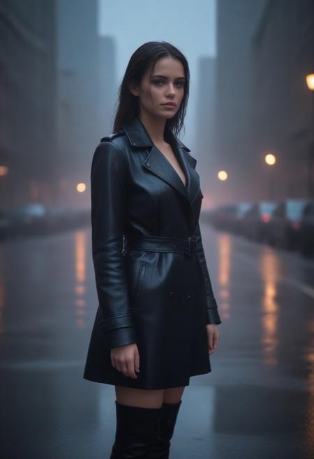 Ultra-detailed, cinematic mood: a young woman stands alone on a rain-slicked urban street, her glossy black leather coat gleaming under the soft glow of flickering streetlights. Droplets cascade down the smooth, tailored surface, reflecting hues of neon blue and violet from the surrounding cityscape. Her posture is poised yet relaxed, the coat’s high collar framing her face—sharp cheekbones dewy with rain, piercing eyes catching the light, strands of wet hair clinging to her skin. The rain falls in a steady, gentle rhythm, pooling in shallow ripples around her boots, while faint steam rises from the warm asphalt. In the background, a futuristic skyline looms—towering structures shrouded in mist, their edges softened by the downpour. Moody tones, dynamic reflections, and a sense of quiet strength infuse the scene