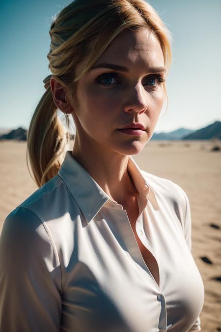 Kim Wexler, 8k, RAW photo, best quality, masterpiece, (realistic:1.2), outdoor, desert, black suit and white shirt, blue eyes, blonde hair, ponytail, portrait, <lora:kim_wexler:1>