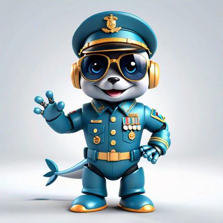 Full body, luxurious sunglasses and hat, excited and happy expression, cute and lovely baby robot dolphin with military uniform on body, 2d cute, happy, fantastic, dreamy, illustration, 3d three-dimensional, centered, professional, soft modern, nice. It has graphics, line art, and a white background.
