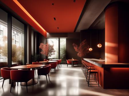 Red fauvism, no humans, scenery, table, chair, indoors, window, lamp, plant, tree, ceiling light, cup, light, restaurant<lora:Justin_red_fauvism_V110:0.8>,