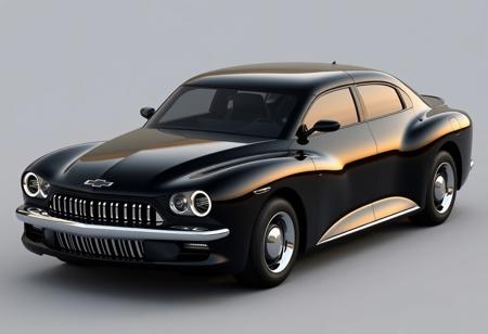 retro-futuristic 4-door 2026 chevy, sleek black body, streamlined design with subtle curves, reduced bubble effect, large rounded headlights with integrated LED rings, bold fenders, refined chrome grille with vertical slats, aerodynamic roofline, low and wide stance, smooth doors seamlessly integrated, deep glossy black finish, chrome accents around windows and lights, sculpted rear with modern rounded taillights, jet-age-inspired design, futuristic yet classic, elegant and refined, four-door layout, sophisticated coupe silhouette, ultra-realistic textures, high-resolution, timeless design combining classic elegance with futuristic elements, subtle chrome highlights, powerful yet sleek appearance, (excessive curves:-1.5), (boxy design:-1.6), (supercar influence:-1.6), (flat shapes:-1.6), (over-the-top luxury cues:-1.5)