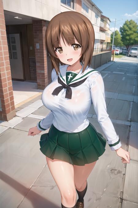 masterpiece, best quality, 1girl,solo,girls und panzer,nishizumi miho, brown hair, brown eyes,short hair,large breasts,ooarai school uniform,white shirt,black handkerchief,green skirt,loafers,outdoors, street, walking <lora:Nishizumi Miho:0.7>